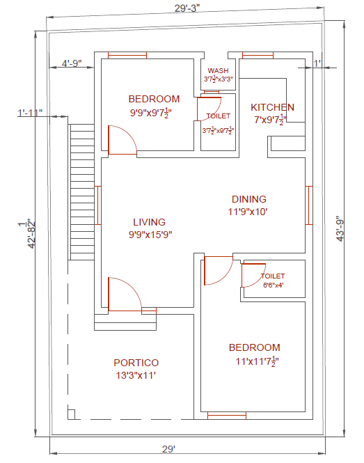 30x45 2 Bhk Under 1000sq ft Single Floor West Facing